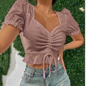NWOT ZARA Sweetheart Neck Drawstring Front Puff Sleeve Eyelet Embroidery Blouse